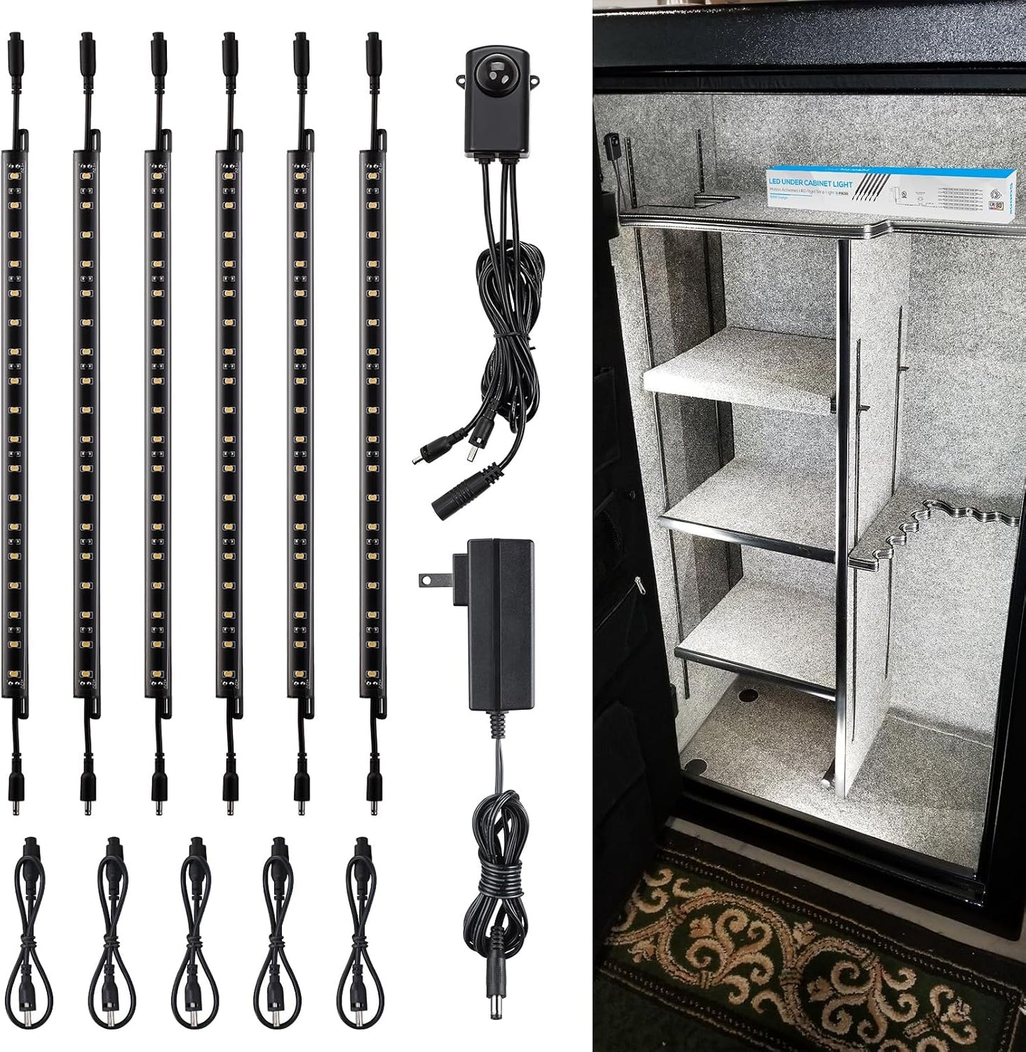 TORCHSTAR 6pcs 12 Inch LED Safe Lighting Kit, Motion Sensor, 3000K | UL Power Adapter, Input 100-240V, Linkable Gun Safe Light Bars, 900LM, for Under Cabinet Locker Closet Showcase, Warm White