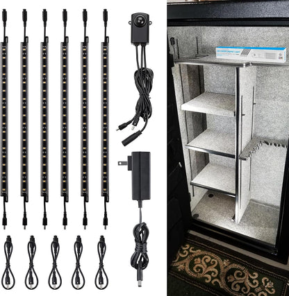 TORCHSTAR 6pcs 12 Inch LED Safe Lighting Kit, Motion Sensor, 3000K | UL Power Adapter, Input 100-240V, Linkable Gun Safe Light Bars, 900LM, for Under Cabinet Locker Closet Showcase, Warm White