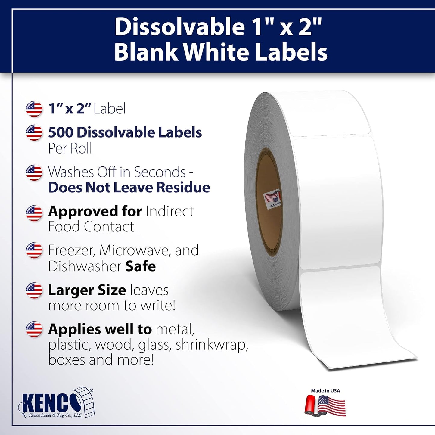 Blank White 1 X 2 Dissolvable Food Labels - Washes Off Qucikly No Residue - for Food Prepe and Rotation, Canning and More! Made in The USA (1 Pack)