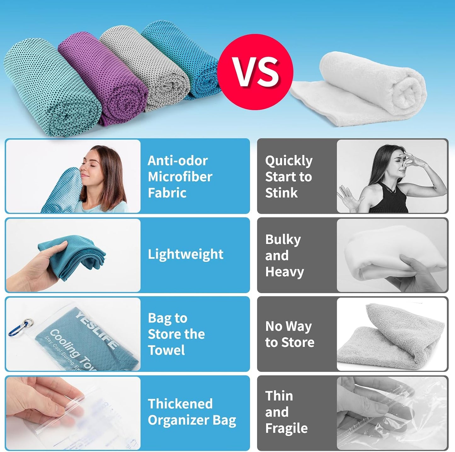 YESLIFE Cooling Towels, 4-Pack 40"x12", Multicolor Set A | Microfiber gym towels, soft breathable neck wrap, cooling towel for yoga running sport camping, Multicolor, 4-pack