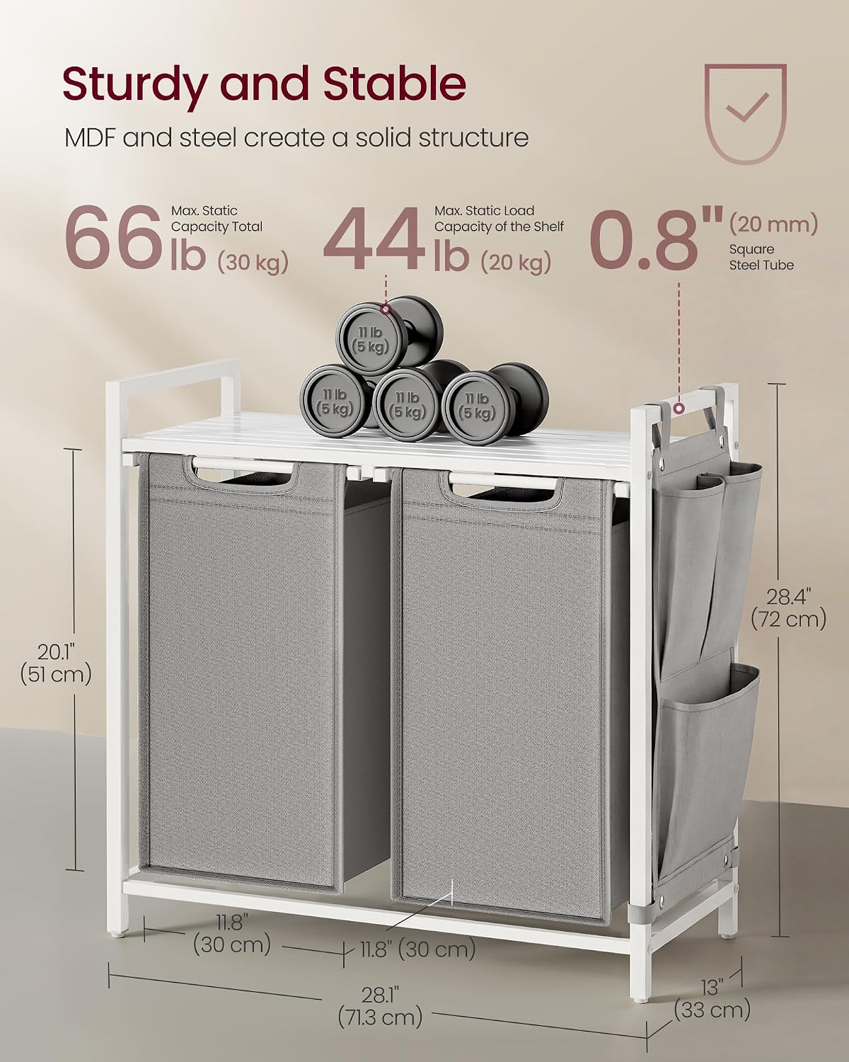 VASAGLE Laundry Hamper, Laundry Basket Sorter with 3 Pull-Out and Removable Bags, Shelf, Metal Frame, 3 x 10.6 Gallons (40 L), 36.4 x 13 x 28.4 Inches, Cappuccino Beige and Natural Beige UBLH301LH01