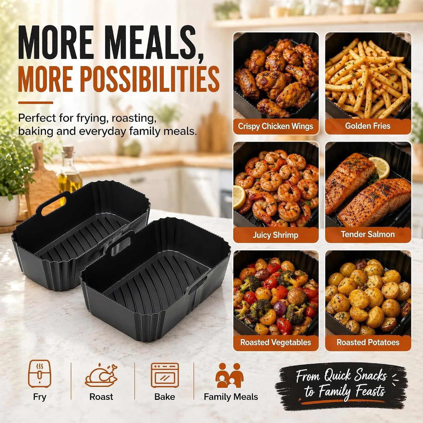 Szyeequoo Silicone Air Fryer Liners 2 Pack for Ninja Dual Zone, 1 Perforated and 1 Solid, Rectangle Reusable Liners for DZ201 DZ401 DZ550 DZ302, COSORI 9QT Instant Chefman Dual Basket Air Fryers