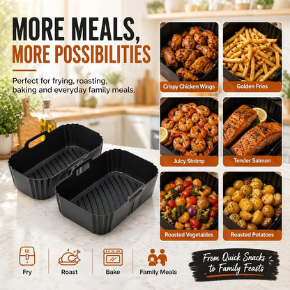 Szyeequoo Silicone Air Fryer Liners 2 Pack for Ninja Dual Zone, 1 Perforated and 1 Solid, Rectangle Reusable Liners for DZ201 DZ401 DZ550 DZ302, COSORI 9QT Instant Chefman Dual Basket Air Fryers