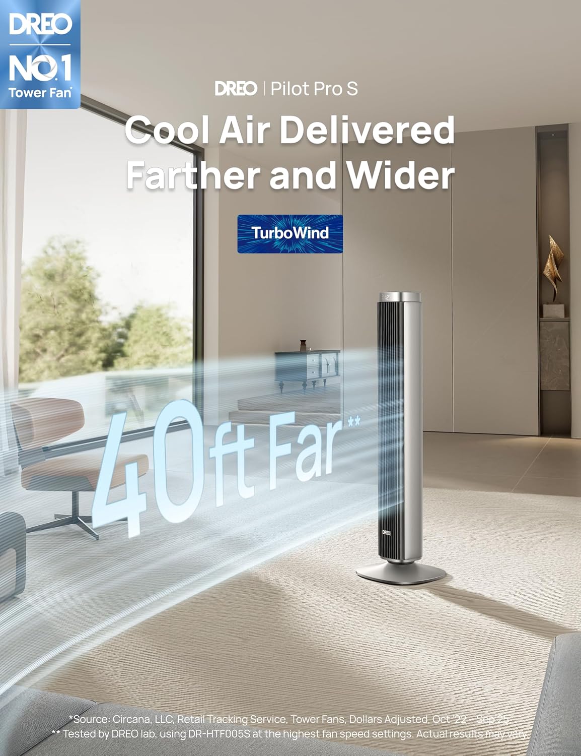 DREO Smart Tower Fan for Bedroom, 90° Oscillating Fan, 26ft/s Wind, 28dB