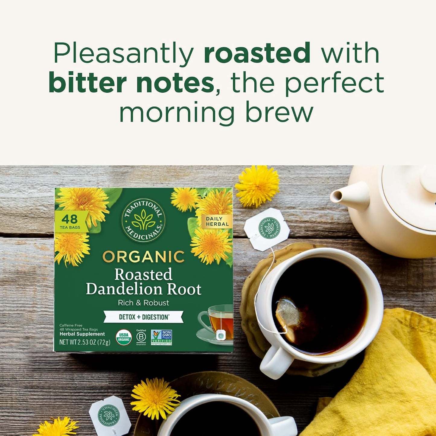 Traditional Medicinals Organic, Dandelion Leaf & Root - Dandelion Root Tea, Supports Normal Detox + Digestion - Kosher, Non-GMO, Caffeine-Free, Compostable - 16 Tea Bags
