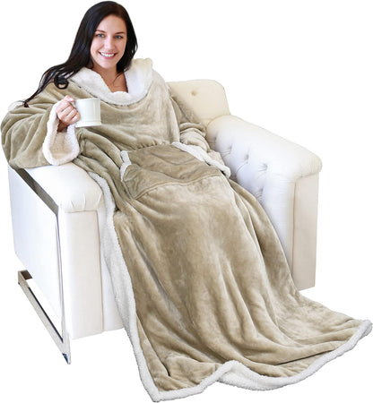 Catalonia Sherpa Wearable Blanket with Sleeves and Pocket for Adults