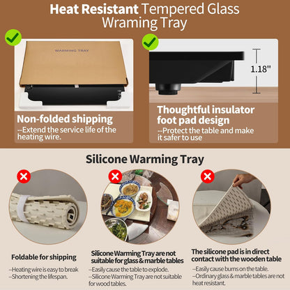 Warming Mat for Food,Extra Long 40"x12",Tempered Glass Warming Tray, Black
