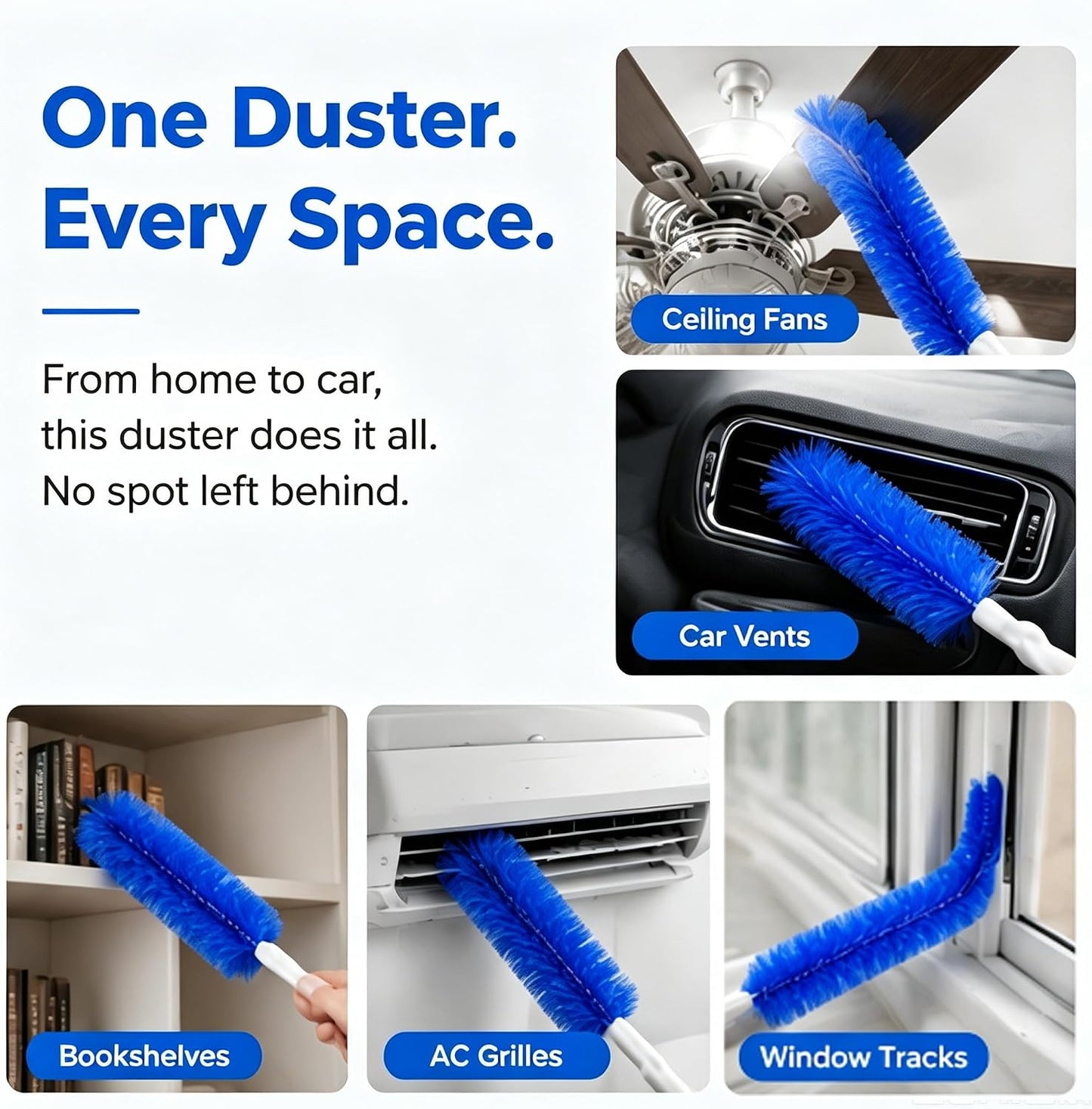 Fan Cleaning Brush – Bendable Microfiber Duster, Reusable Dust Remover, Washable, for Electric Fans, Air Conditioning, Blinds, Vents, Car & Home Use，Blue：2