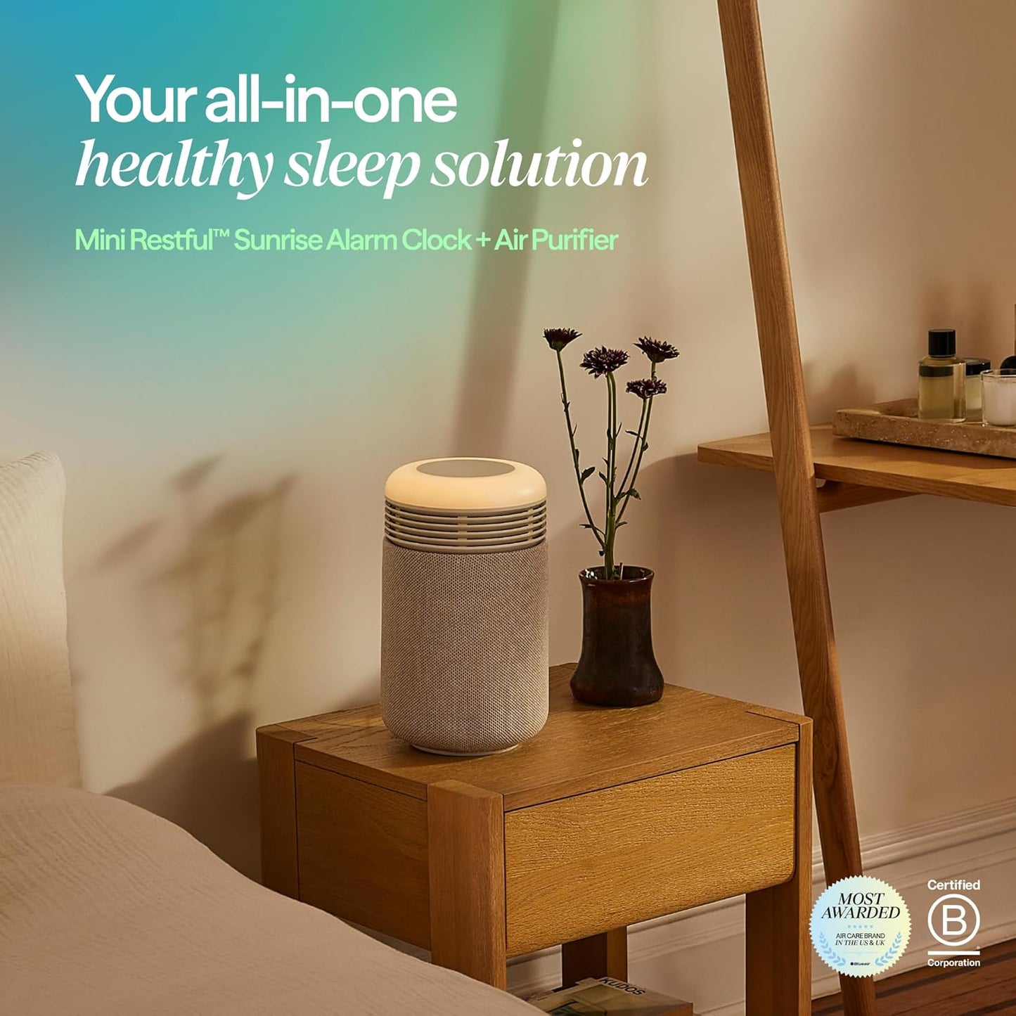 BLUEAIR Mini Restful Bedroom Air Purifier with Sunrise Alarm Clock, Beige | HEPASilent air purification, sunrise alarm, adjustable nightlight, clock, app-set alarms with sounds and schedules, USB-C