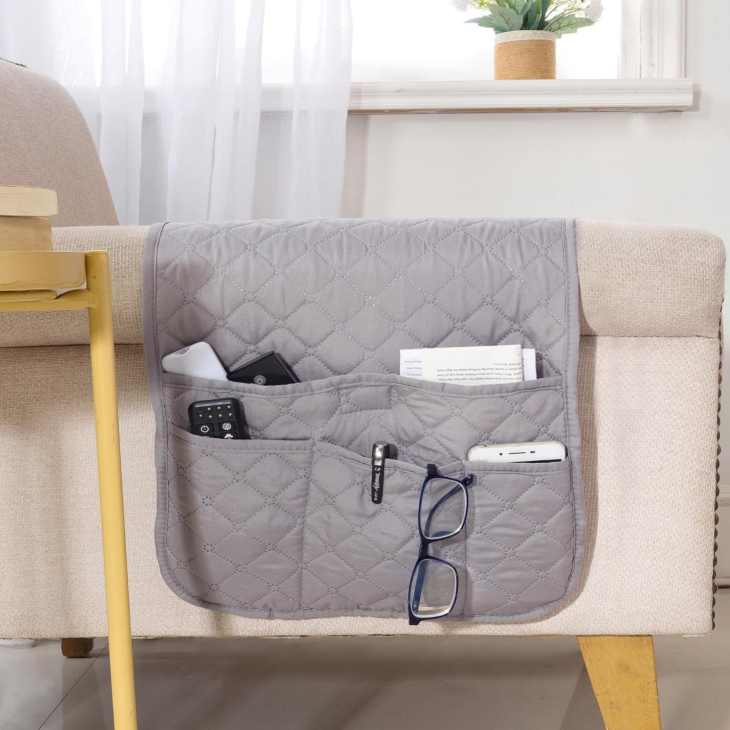 Armchair Caddy for Couch Remote Control Holder with 4 Pockets, Grey 1 Pack | Non-slip, Waterproof, Sofa Armset Organizer, Couch Chair Armrest Storage for TV Remote Control Phone Book Magazine 35"x13"