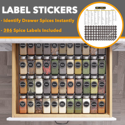 SpaceAid Spice Drawer Organizer with 28 Spice Jars, 386 Spice Labels, 4 Tier Seasoning Rack Tray Insert for Kitchen Drawers, 13" Wide x 17.5" Deep