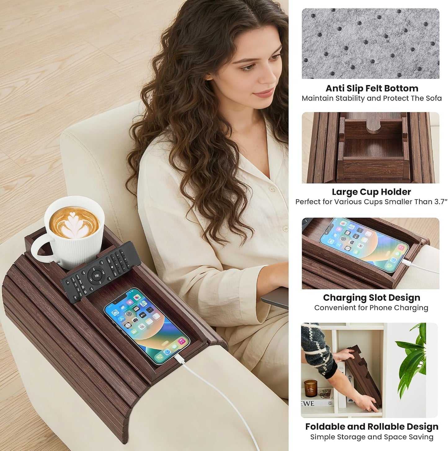 GEHE Couch Cup Holder, Anti Falling Sofa Arm Tray, Natural Bamboo Sofa Cup Holder More Safe for Your Family, Portable Couch Arm Tray Armrest Table for Remote, Snacks, Drinks