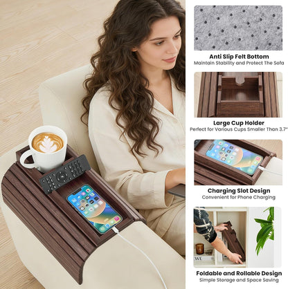 GEHE Couch Cup Holder, Anti Falling Sofa Arm Tray, Natural Bamboo Sofa Cup Holder More Safe for Your Family, Portable Couch Arm Tray Armrest Table for Remote, Snacks, Drinks