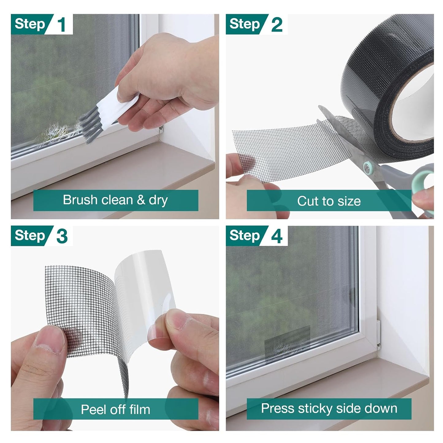 Window & Door Screen Repair Tape, 2in x 33ft Black Mesh Patch Kit | Strong waterproof adhesive resists sun & rain; flexible mesh patch plus cleaning brush for window screens, doors, RV & tents