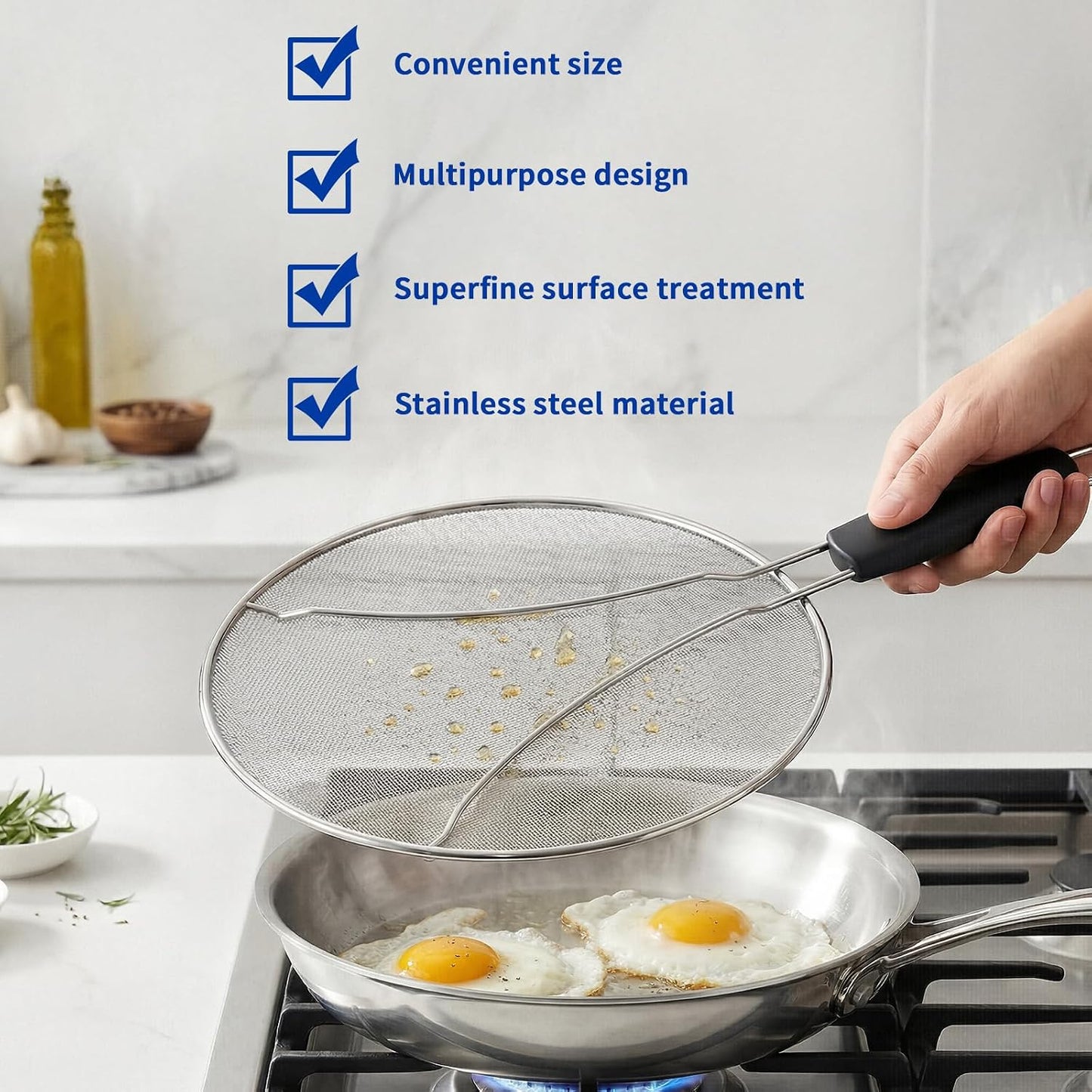 Splatter Screen for Frying Pan - 10’’ Stainless Steel Grease Splatter Guard with Grip Handle- Ultra Fine Mesh Cover Oil Splash when Sizzling Bacon, Cooking Fried Chicken or Popcorn