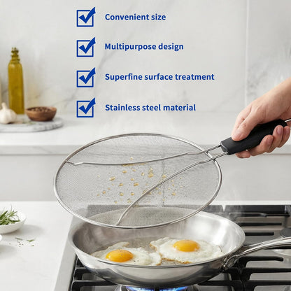 Splatter Screen for Frying Pan - 10’’ Stainless Steel Grease Splatter Guard with Grip Handle- Ultra Fine Mesh Cover Oil Splash when Sizzling Bacon, Cooking Fried Chicken or Popcorn