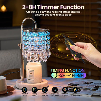 Candle Warmer Lamp with Timer Dimmer，2H/4H/8H Timer , Lamp Candle Warmer with Marble Base for Adjustable Height, Crystal Wax Melt Warmer for Jar Candles, House Warming Decor Gifts Mothers Day Gifts