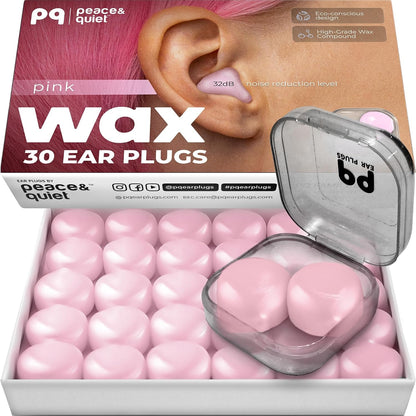 Peace&Quiet PQ Wax Ear Plugs for Sleeping - 30 Silicone Wax Earplugs for Sleeping and Swimming, Gel Ear Plugs for Noise Cancelling, Sound Blocking Level of 32 Db (30 Pillows), Color: White