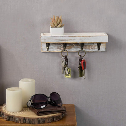 MyGift 10 Inch Brown Wood Wall Mounted Floating Shelf Key Rack with 4 Hooks | Four Metal Hooks, Space Saving Storage, Entryway Organization, Rustic Accent, Keys Mail Accessories Display