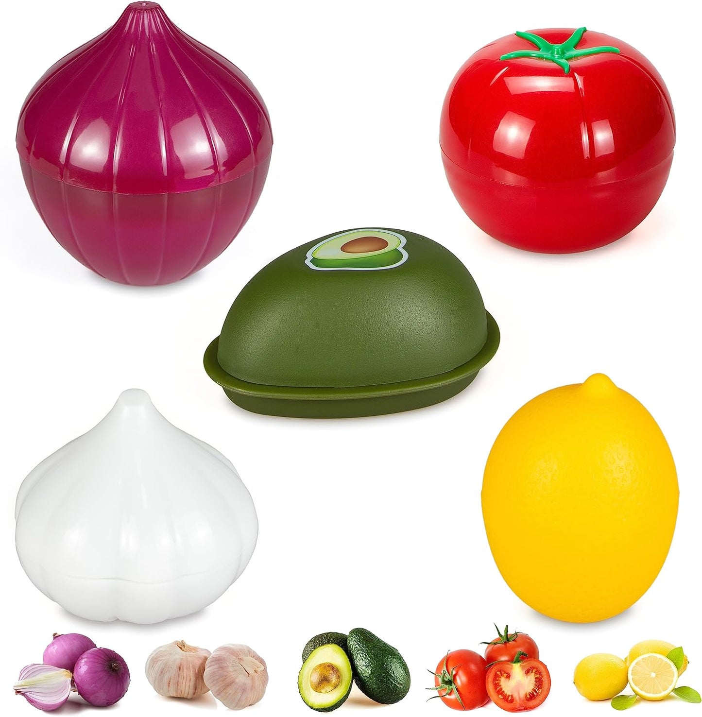 Vegetable and Fruit Storage Containers for Refrigerator, Lemon Tomato Garlic Avocado and Onion Storage, Food Storage Containers with Lids, Pack of 5
