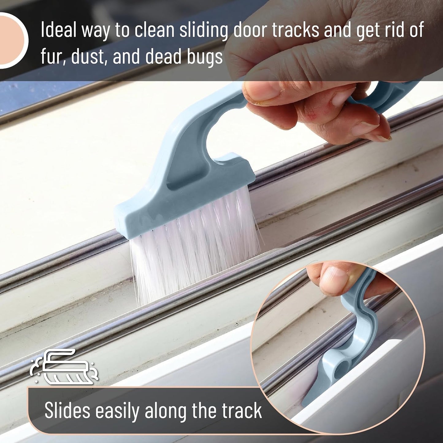 Slick- Window Track Cleaning Brush, 2 Pack, Yellow/Purple Ergonomic Handle, Built-in Scraper, Multipurpose, Window Track Cleaning Tools