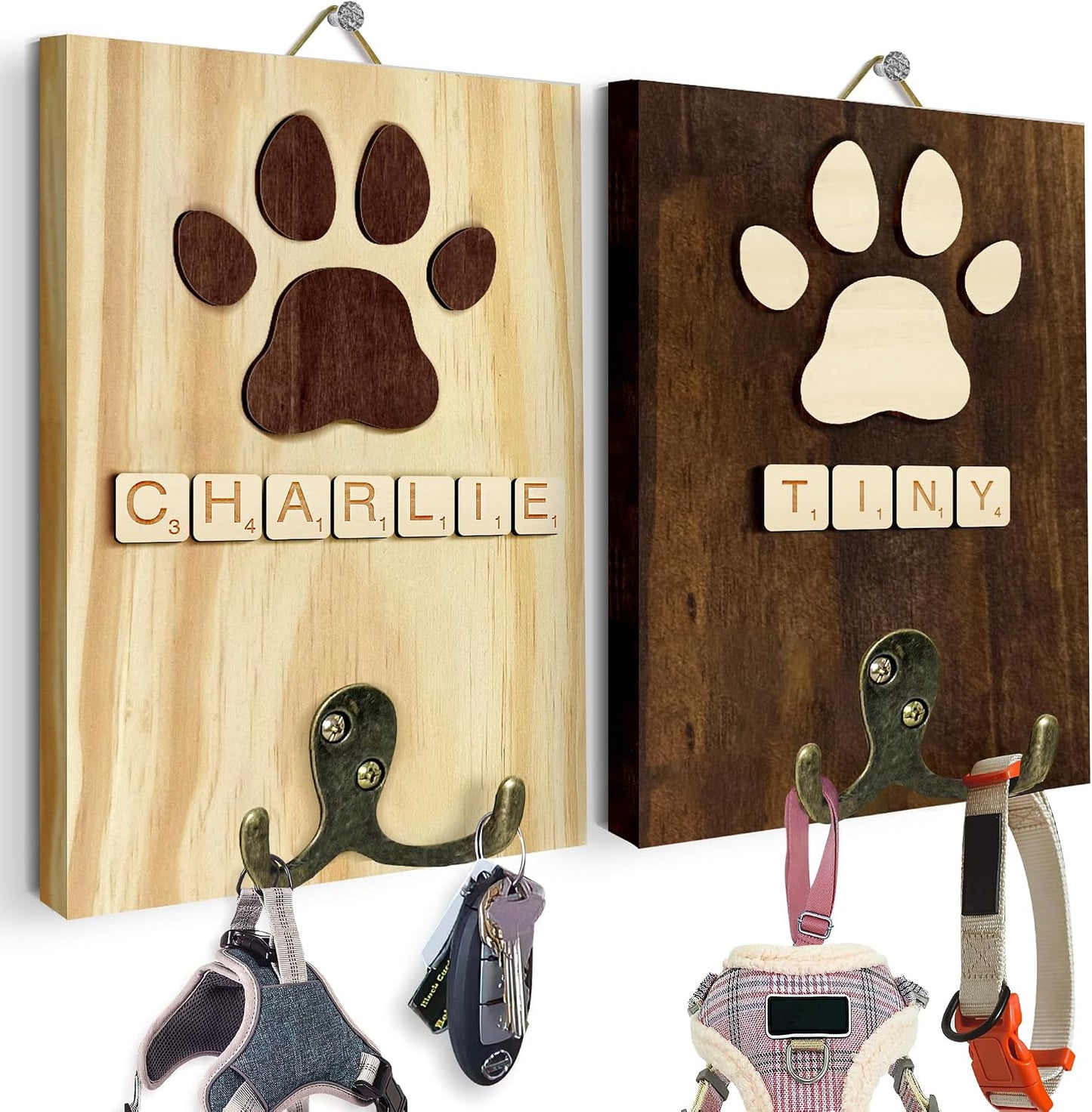 Dog Leash Holder Wall Mount, Pet Harness Hanger with Scrabble Letters, Dog Collar Organizer for Entryway, Memorial Cat Leash Holder for Wall, Pet Loss Gifts, Keepsake, Home Decor PF212-NAT