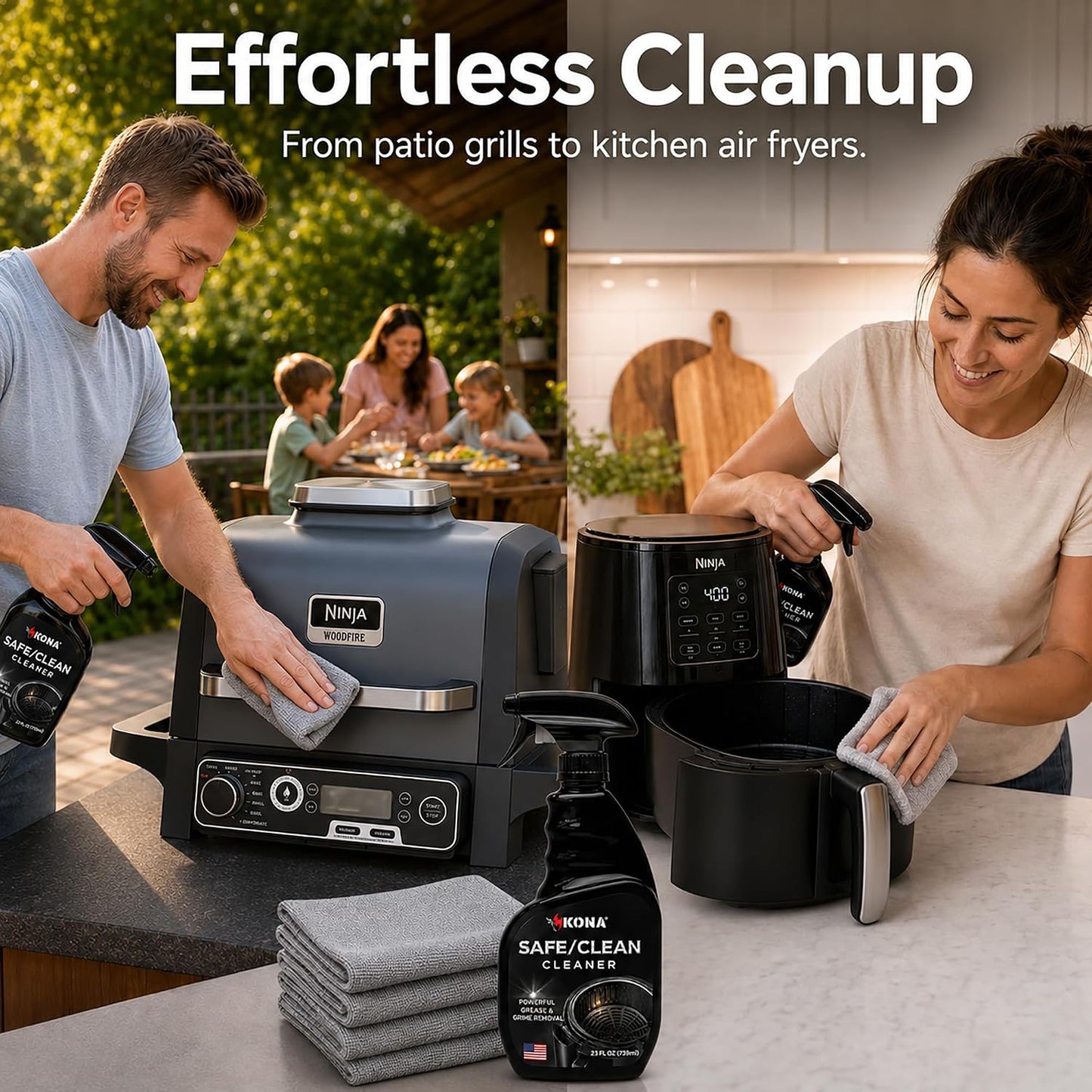 Kona Safe/Clean Air Fryer Cleaner and Degreaser Kit for Ninja Woodfire Grill, Smoker and Oven - 23oz Fume-Free No-Drip Gel Spray with 6 Stainless Steel Scrub Cloths