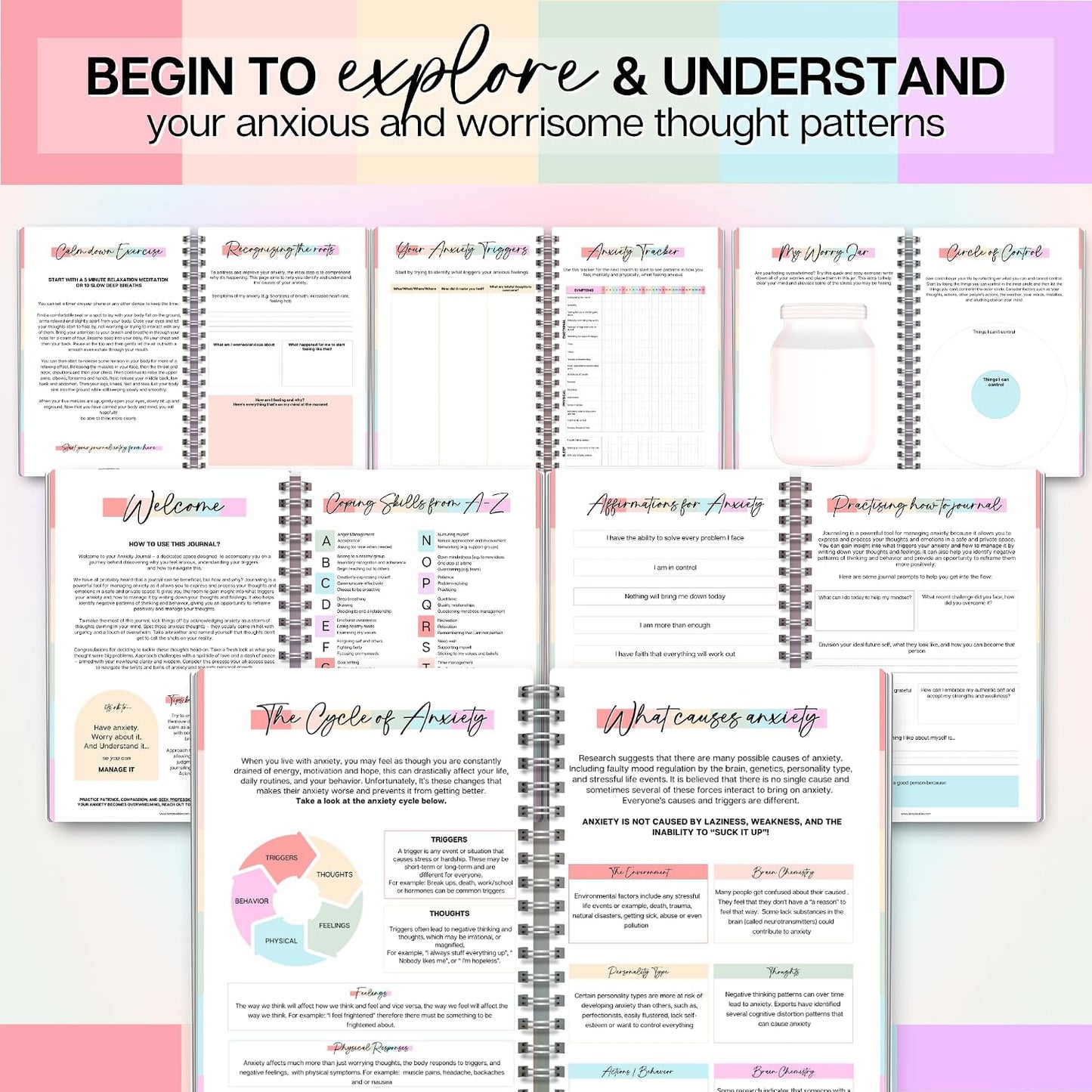 Templatables Anxiety Journal for Adults – CBT Therapy Workbook with Guided Prompts, Trigger Tracker, Sleep & Hydration Logs | Undated A5 Mental Health Notebook for Anxiety Relief & Stress Management