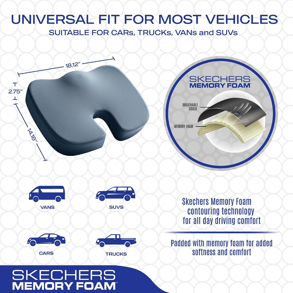 Skechers Memory Foam Seat Cushion,Office Chair Cushion for Tailbone Pain Relief,Butt Pillow for Office Chair,Car seat Cushion,Computer Desk,Long Sitting Office Workers,and Car Drivers,Black