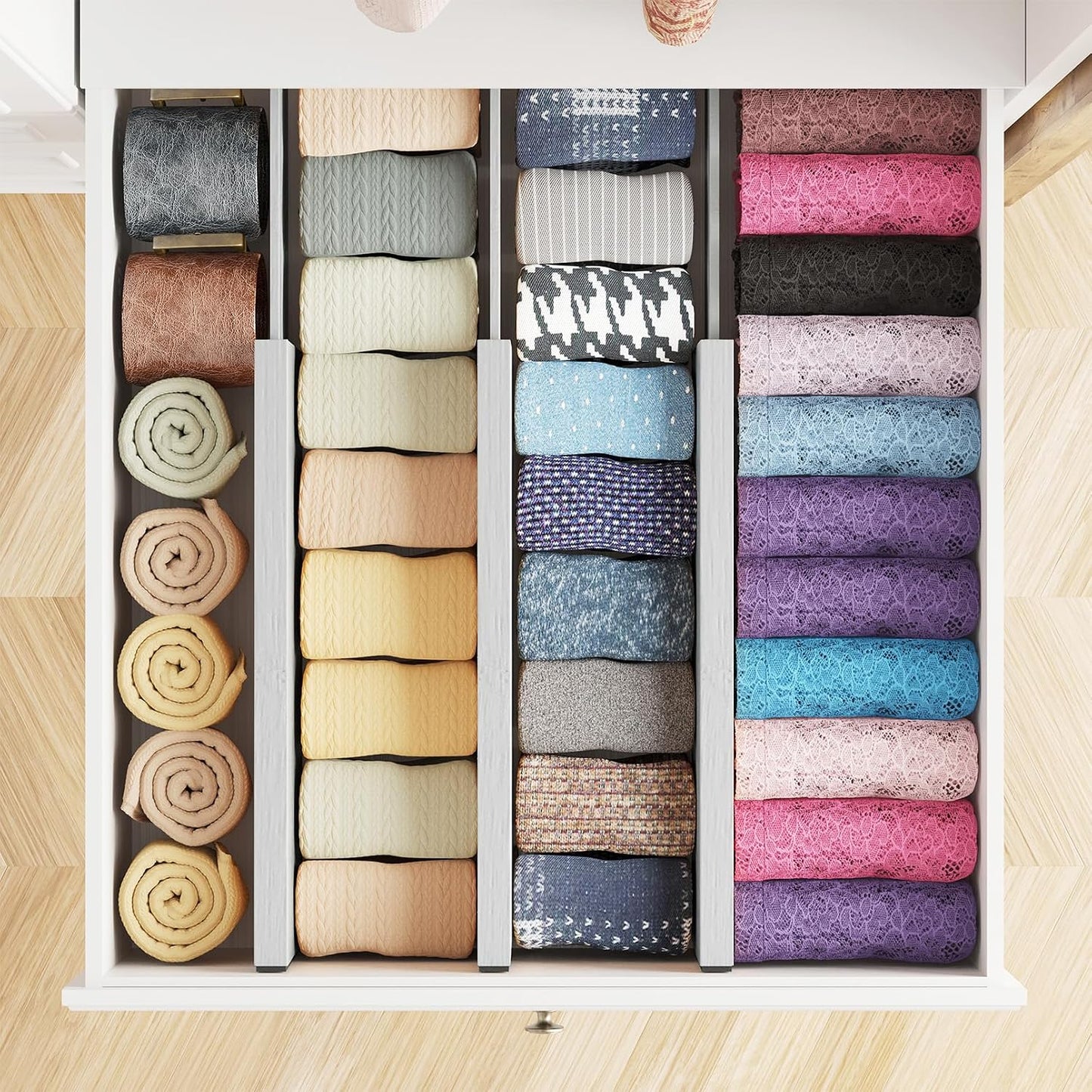SpaceAid Bamboo Dresser Drawer Dividers 6 Pack, 4.65“ High Adjustable 12.5“-17” Drawer Organizers, Expandable Organization for Clothing, Clothes, Dressers, Natural