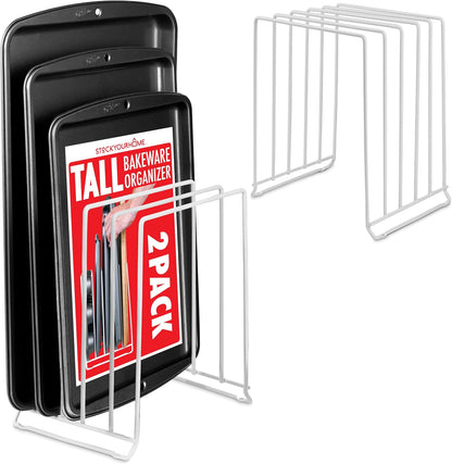 Stock Your Home Black (2 Pack) Extra Tall Steel Baking Pan Organizer Rack for Cabinet Storage or Kitchen Counter, Cookie Baking Sheet Organizer with Dividers, Muffin Tin and Cutting Board Holder