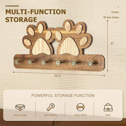 MTERSN Decorative Dog Leash for Wall with 6 Key Hooks for Entryway, Brown | Unique 3D Pet Claw Hooks, Leash Holder for Wall, Coat Rack for Hats & Wallets, Dog Accessories Organizer for Wall Decor