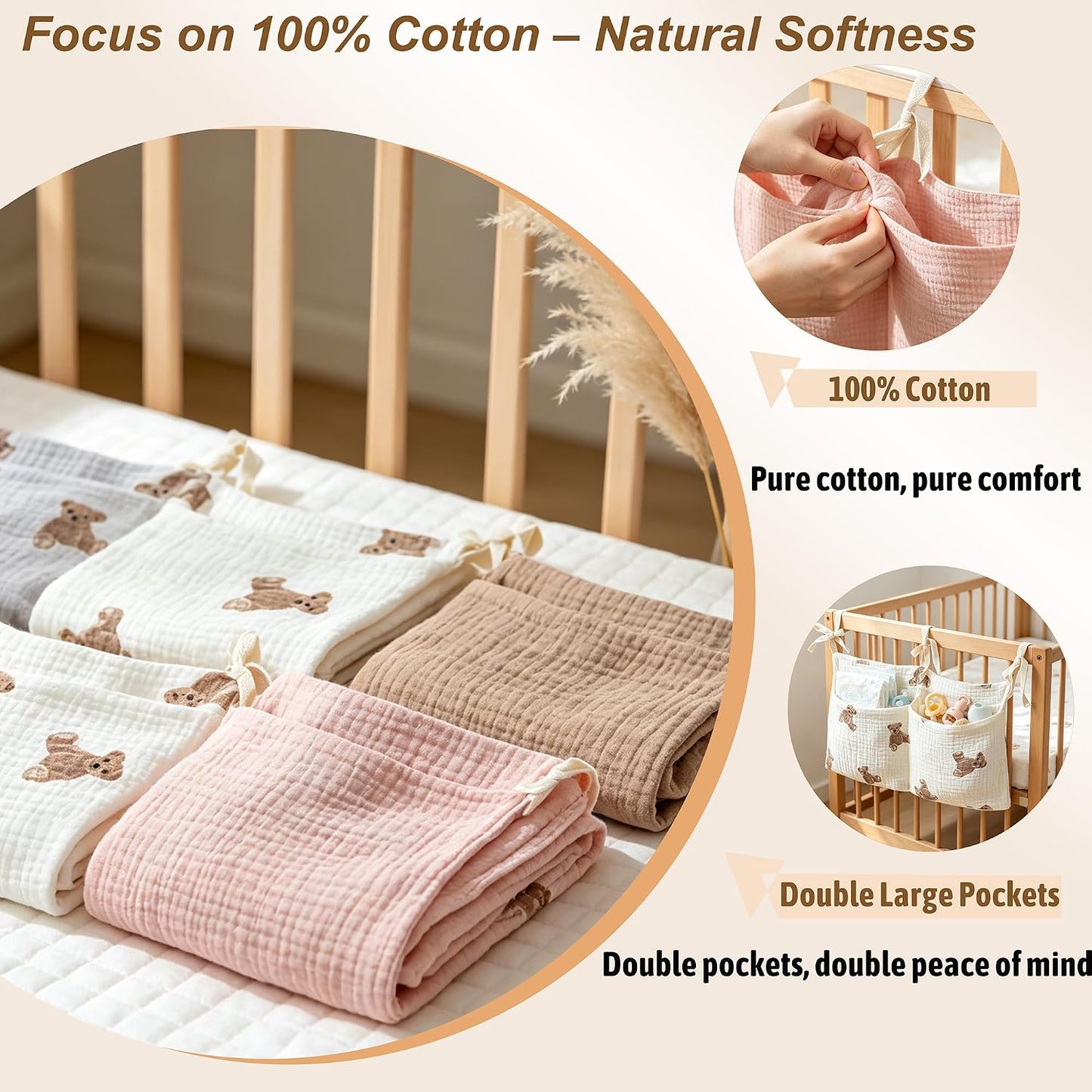 Bedside hanging bag for storing baby milk bottles and blankets - Baby diaper folding bed organizer bag - Brown
