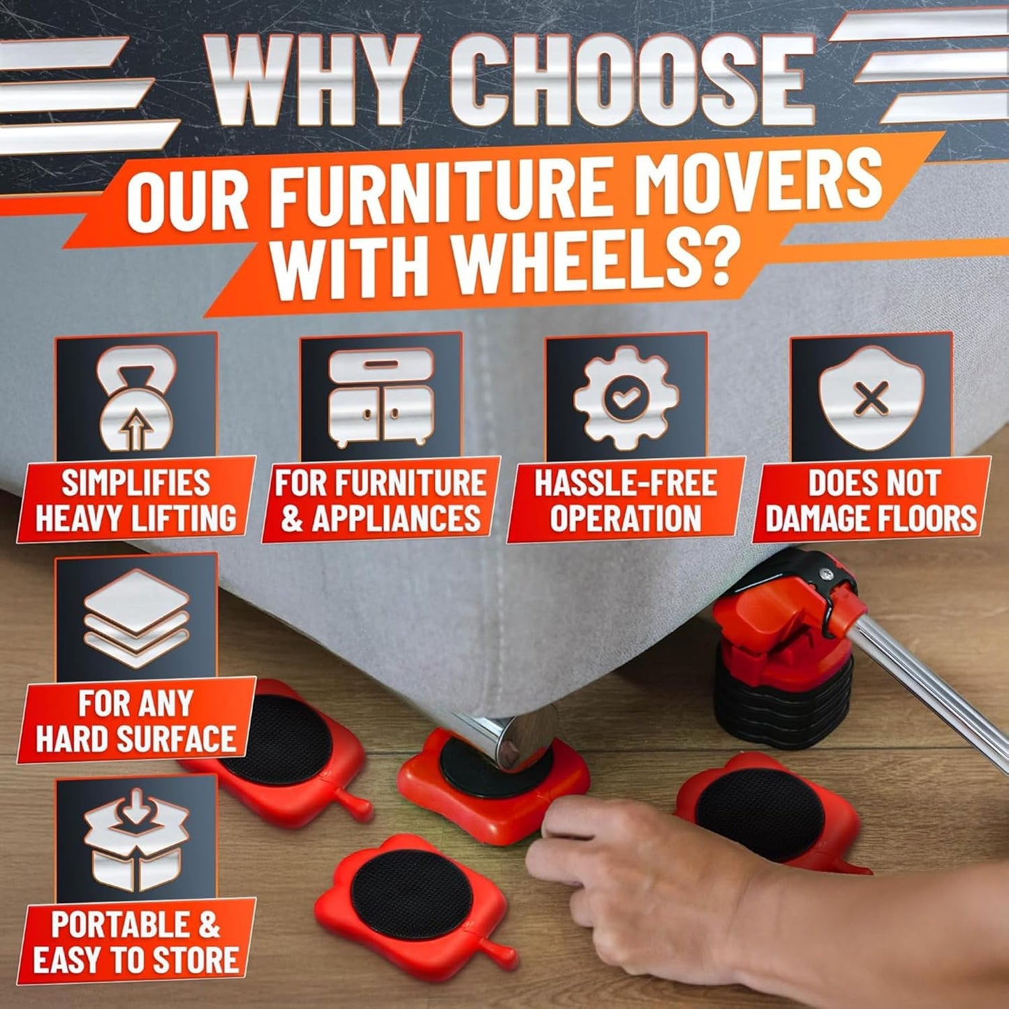 Furniture Lifter Tool with 4 Pcs Appliance Movers Sliders, 660 Lbs | Heavy Duty Furniture Moving Kit with Lifting Extender Included - Slides Refrigerators, Stoves, and Couches Across the Floor