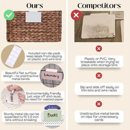 Hygge & Sage: Metal Non-Slip Basket Labels Clip On for Storage Bins, or Wire Racks | Includes 8 Labels, 8 Non-Slip Pads, and 1 Free Marker (Cream)