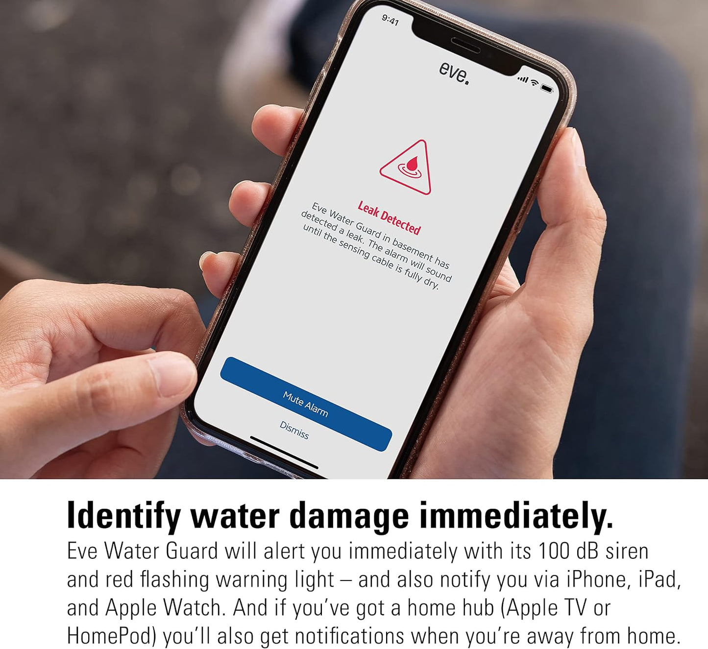 Eve Water Guard - Smart Home Water Leak Detector, 6.5 ft Sensing Cable, 100 dB Siren, (Apple HomeKit), App Notifications, Bluetooth, Thread