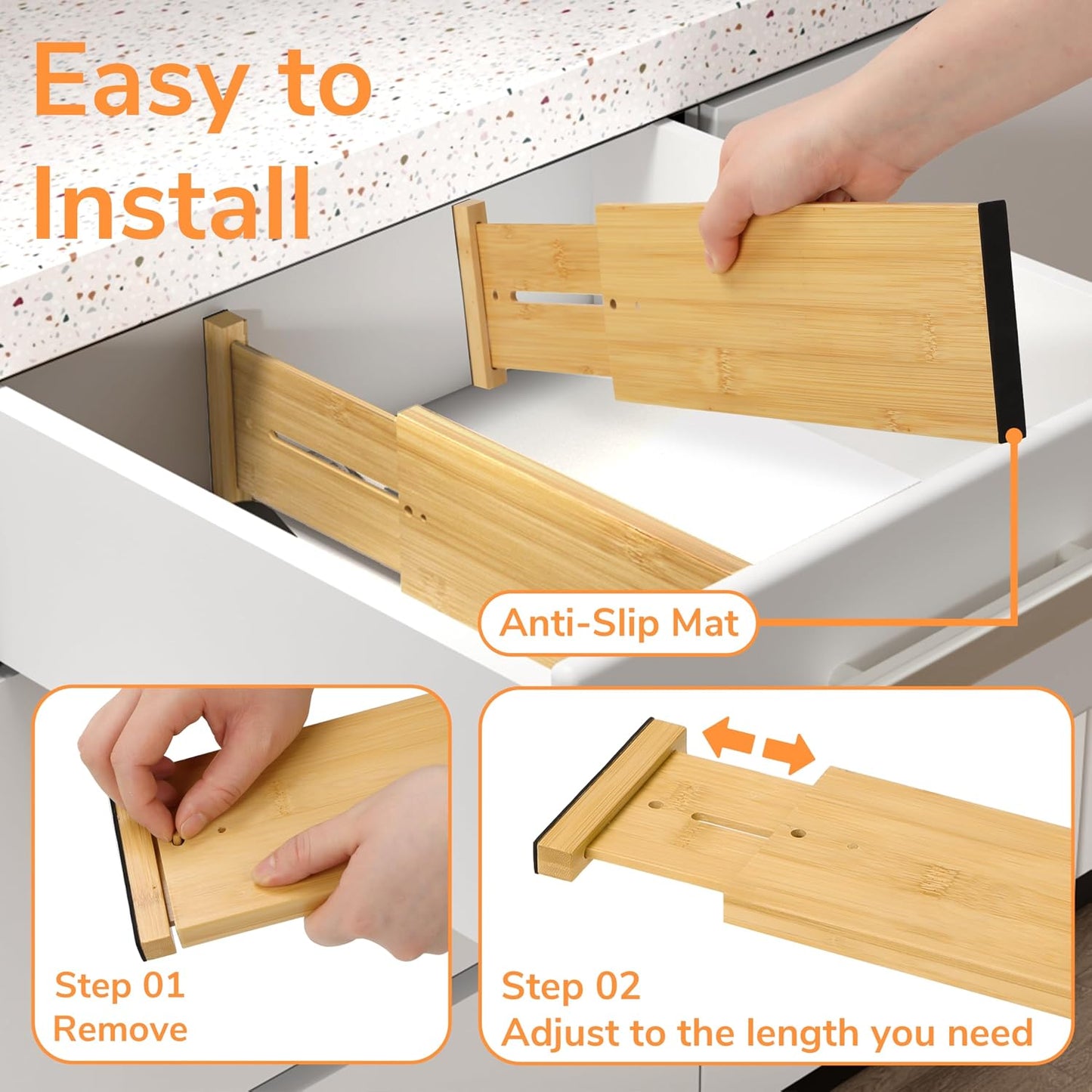 BAMEOS Bamboo Expandable Drawer Dividers – Fits 16.6"–22" Drawers, 2" High, Set of 4 | Spring-Loaded Bamboo Separator for Kitchen Island, Bathroom Vanity & Dresser Drawers