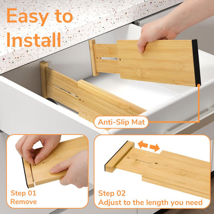 BAMEOS Bamboo Expandable Drawer Dividers – Fits 16.6"–22" Drawers, 2" High, Set of 4 | Spring-Loaded Bamboo Separator for Kitchen Island, Bathroom Vanity & Dresser Drawers