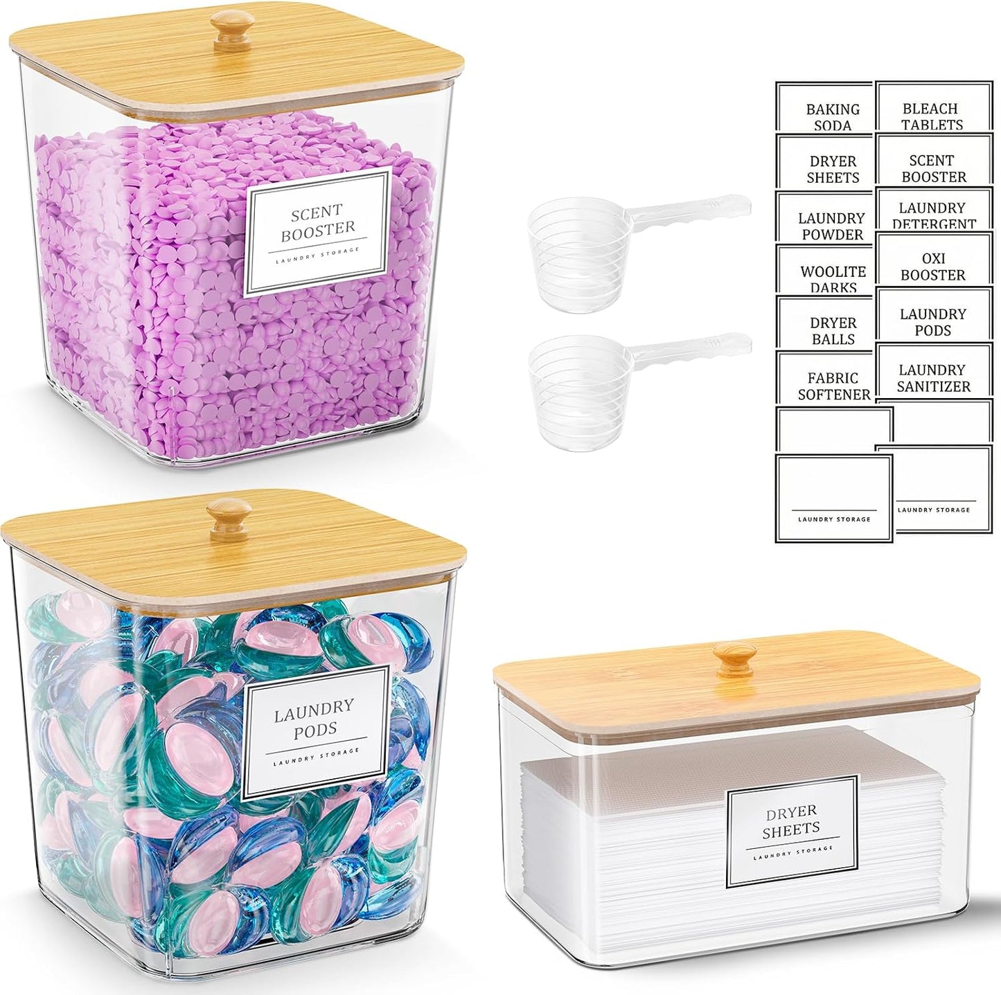 HomePekite Laundry Pods Storage Container, Clear Laundry Room Organization and Storage ,Detergent Powder Container,with Wooden Lids & Labels, 3+1 Pack