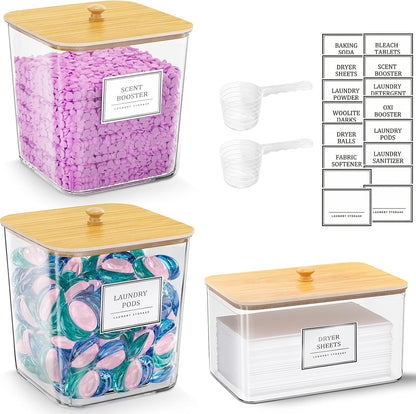 HomePekite Laundry Pods Storage Container, Clear Laundry Room Organization and Storage ,Detergent Powder Container,with Wooden Lids & Labels, 3+1 Pack