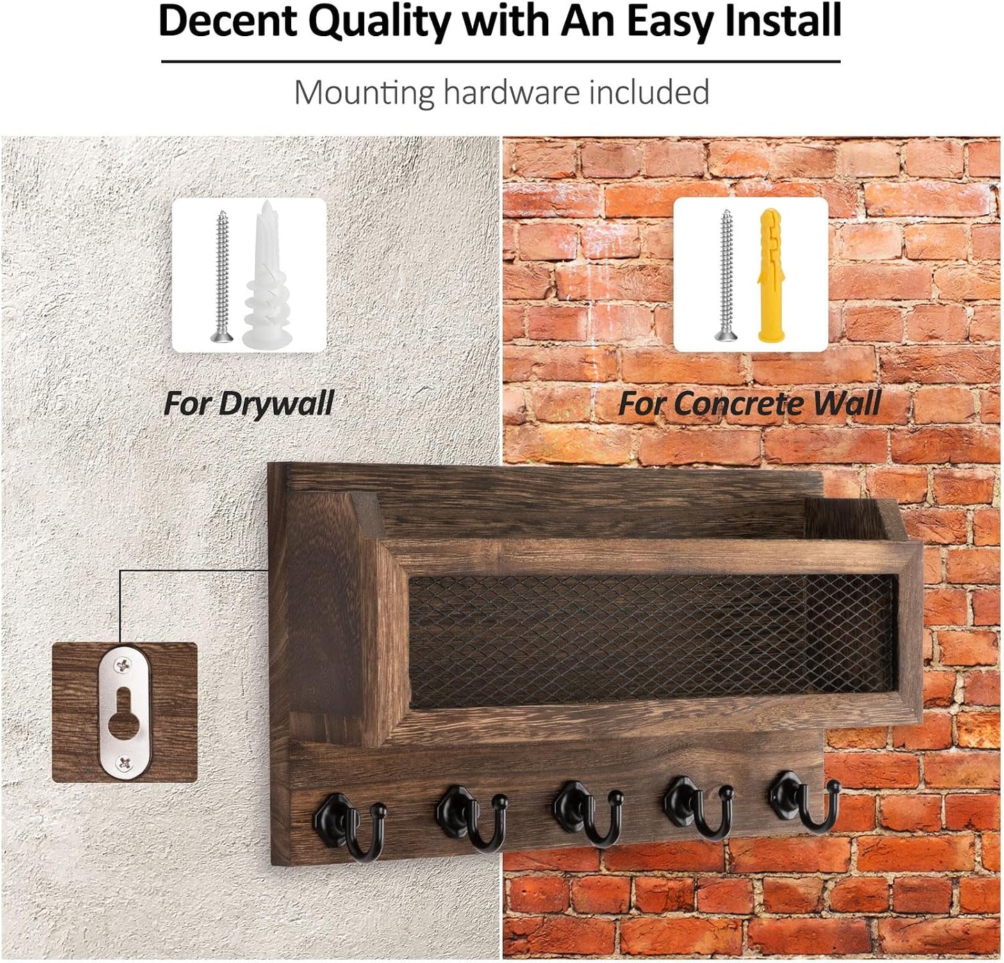 Nekon Mail and Key Holder for Wall Decorative, 11 Inch Mail Holder, Brown | Wooden Wall Key Organizer with 5 Key Hooks, Wall Mount Storage Shelf for Entryway Hallway