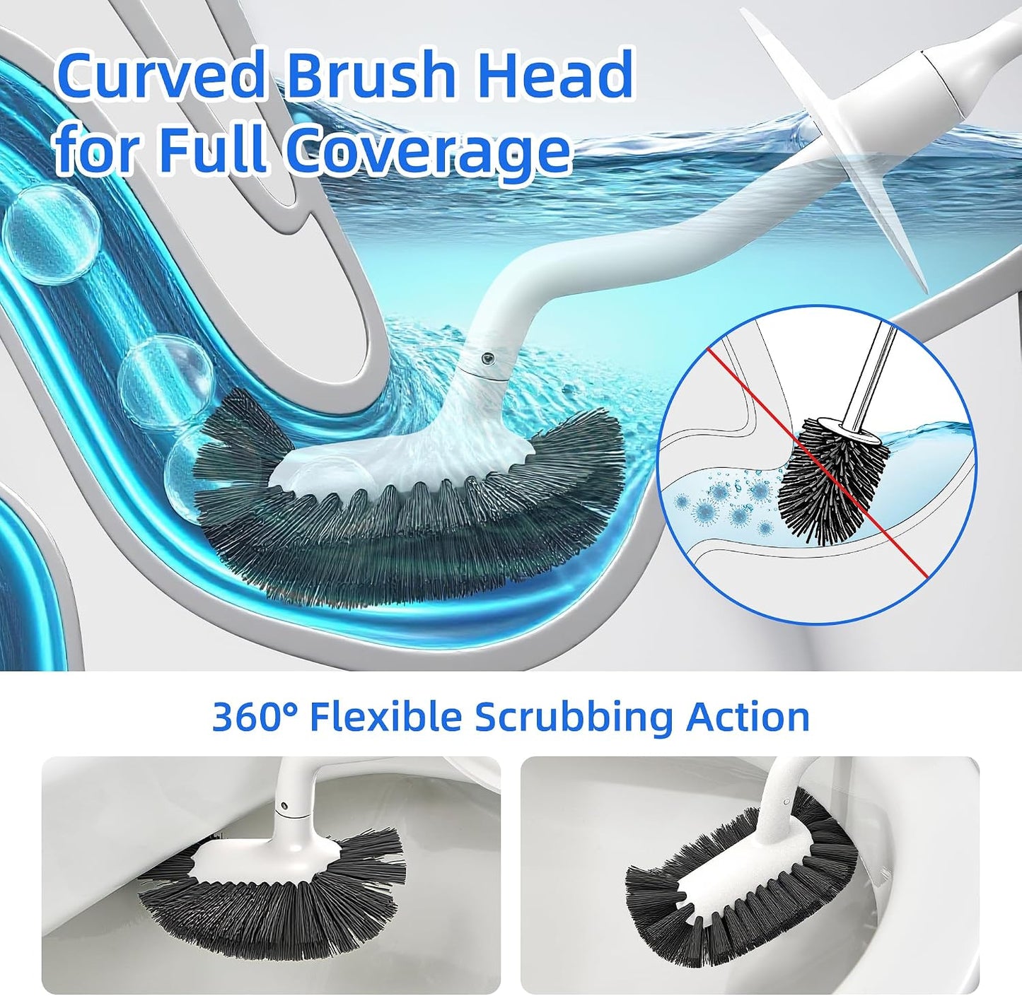 Toilet Brush and Holder Set with Pumice Stone Toilet Bowl Cleaner | Long-handle Scrubber with Ventilated Holder and Pumice Stone for Hard Water Stains, Limescale and Toilet Rings