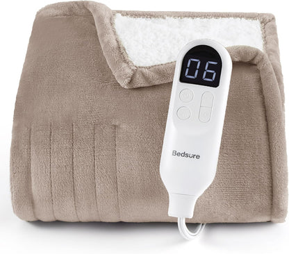 Bedsure Heated Blanket Throw Blanket with Preheat Function - Fast Heating Electric Blanket, Soft Flannel Throw with 6 Time Settings(Up to 10H), 6 Heating Settings, Gifts for Grandma (50"x60", Grey)