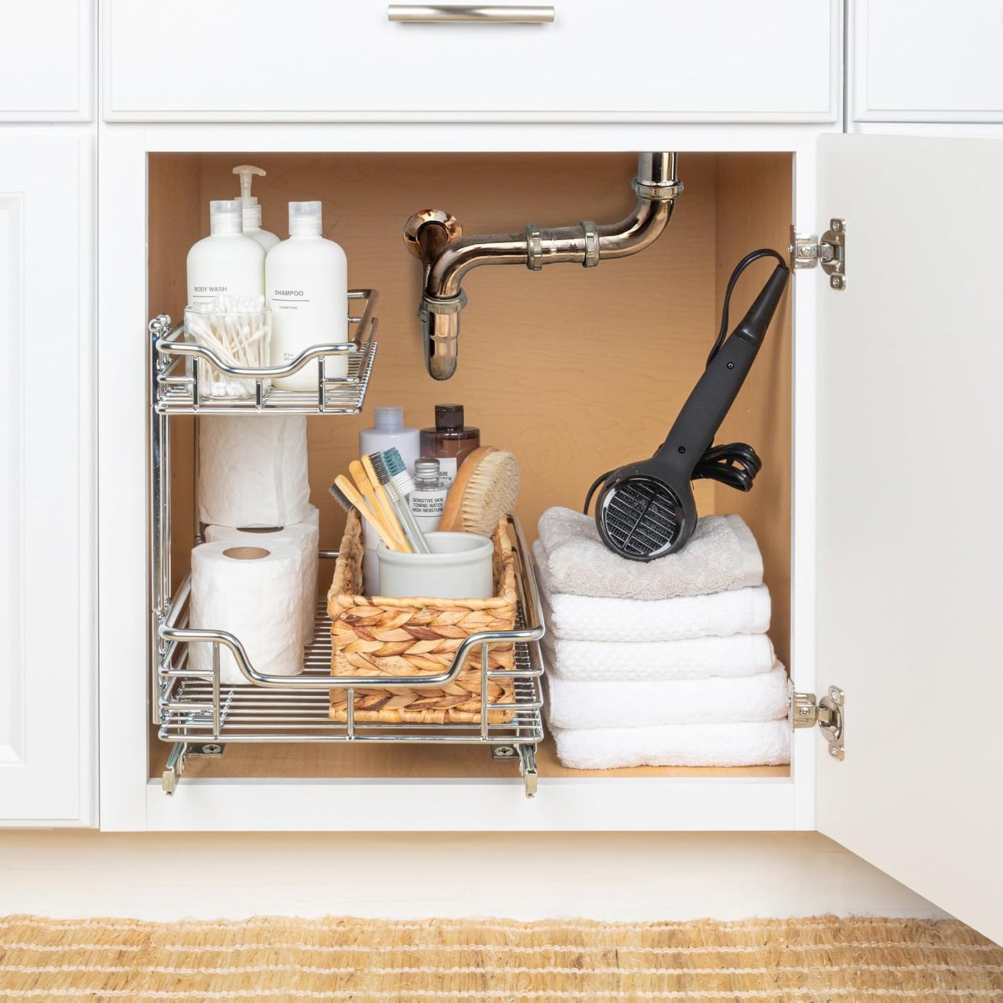 Household Essentials Glidez Multipurpose Chrome-Plated Steel Pull-Out/Slide-Out Storage Organizer for Cookware and Bakeware - 2-Tier Design - Fits Standard Size Cabinet or Shelf, Chrome