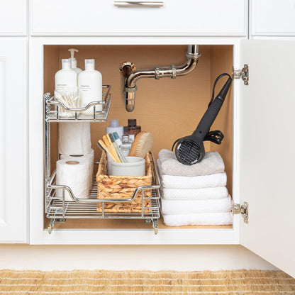 Household Essentials Glidez Multipurpose Chrome-Plated Steel Pull-Out/Slide-Out Storage Organizer for Cookware and Bakeware - 2-Tier Design - Fits Standard Size Cabinet or Shelf, Chrome