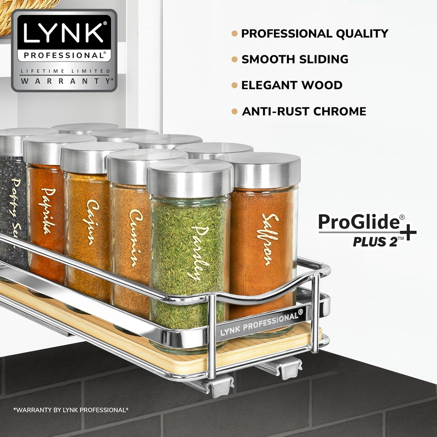 LYNK PROFESSIONAL® Pull Out Spice Organization for Cabinets - 4-3/8 inch Wide – Spice Rack for Inside Cabinets, Slide Out Spice Rack Organizer for cabinet – Pull Out Spice Rack, Sliding 2 Tier Chrome