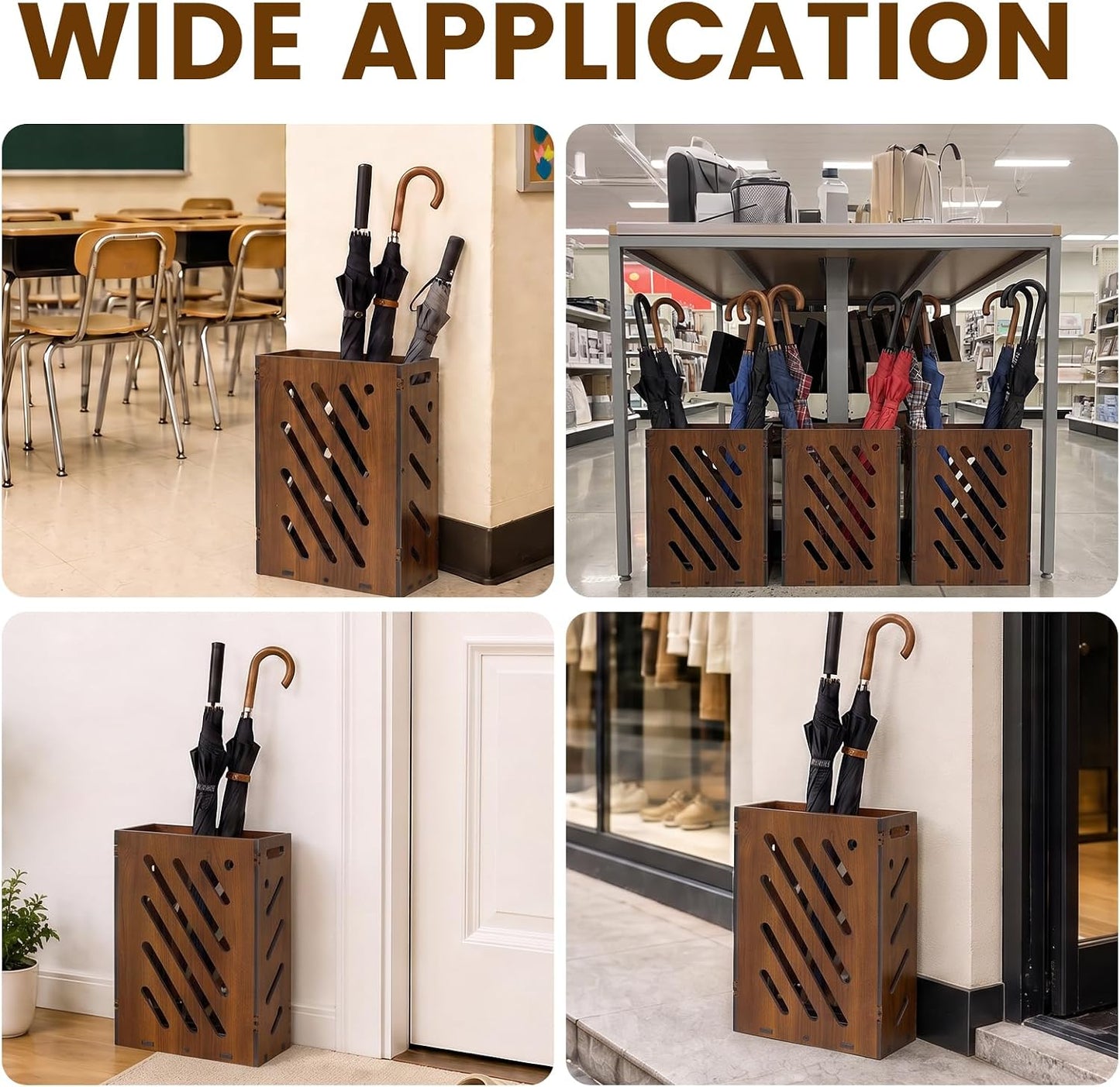 Faux Wood Umbrella Stand for Entryway, Free Standing Indoor Holder | Waterproof PVC cane rack and rain gear organizer with removable drip tray. Elegant decorative accent for home or lobby.