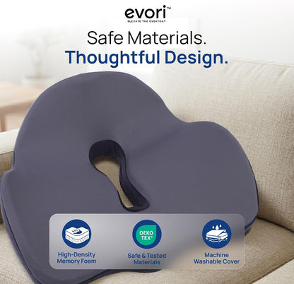 evori Comfort Cushion, Memory Foam Tailbone Seat Cushion for Office Chair | Contoured nonslip coccyx cutout pad for posture and lower back support, machine washable cover, desk, car and gaming chairs