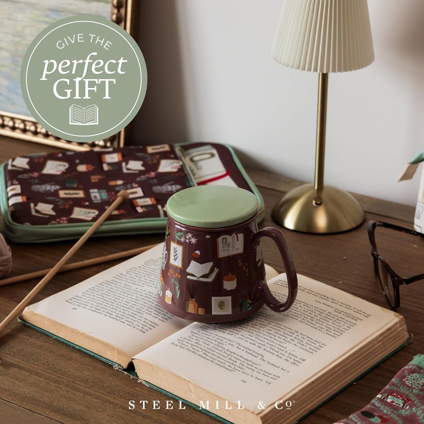 Steel Mill & Co. Tea Infuser Mug with Lid, Book Nook Brown | Ceramic 12 oz Book-Themed Tea Cup with Removable Strainer for Loose Leaf or Tea Bags