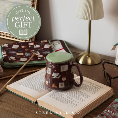 Steel Mill & Co. Tea Infuser Mug with Lid, Book Nook Brown | Ceramic 12 oz Book-Themed Tea Cup with Removable Strainer for Loose Leaf or Tea Bags